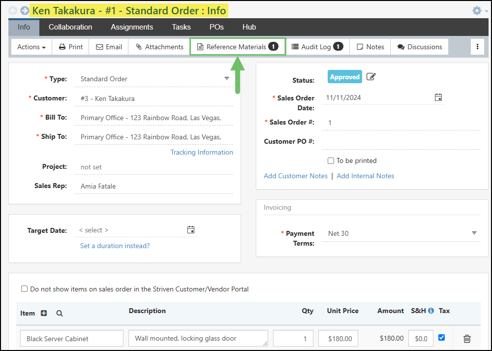 Example of the Reference Materials Option available on a Sales Order