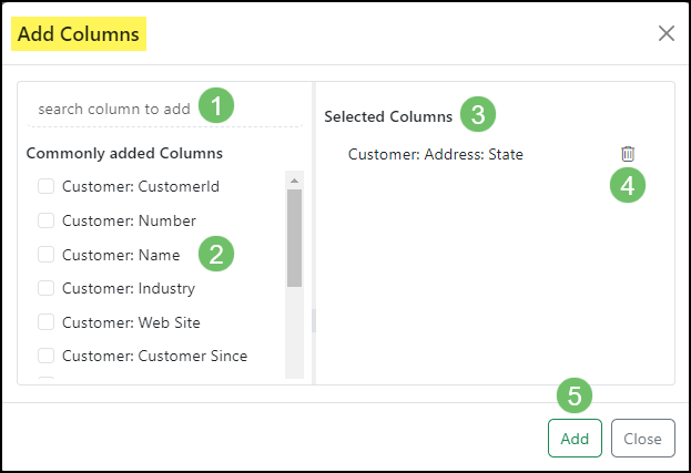 Image of the Add Columns window within Striven