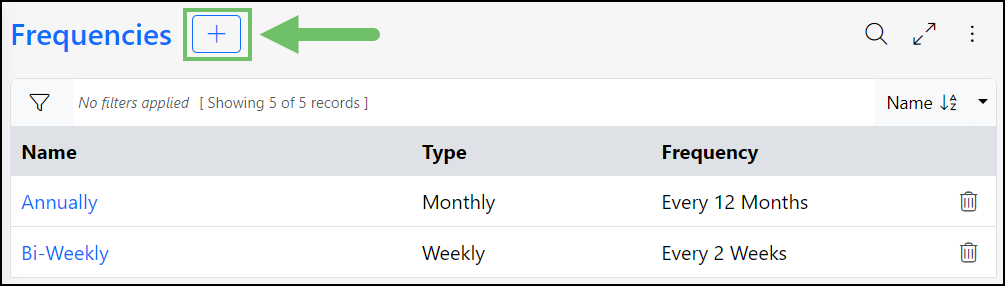 Image of the Frequencies page highlighting the Plus icon located next to the page name.