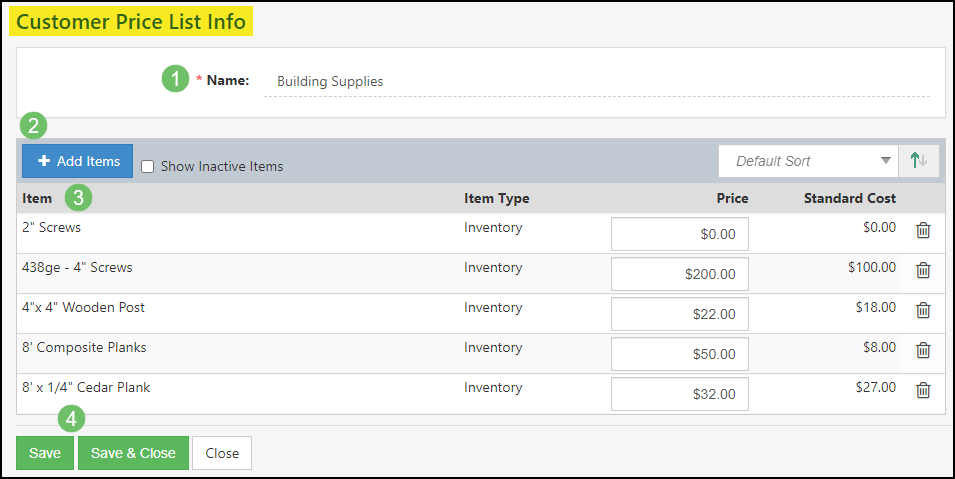 Example of Adding a Customer Price List