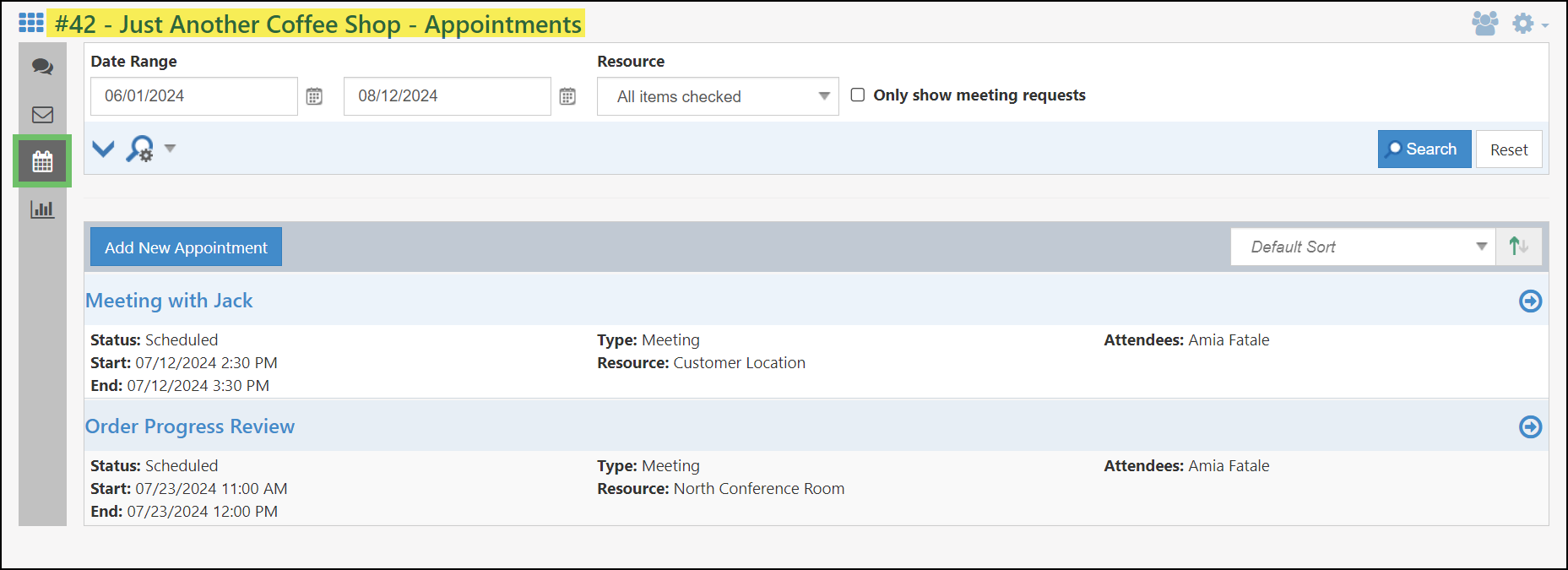 Example of the Customer/Vendor Appointments list