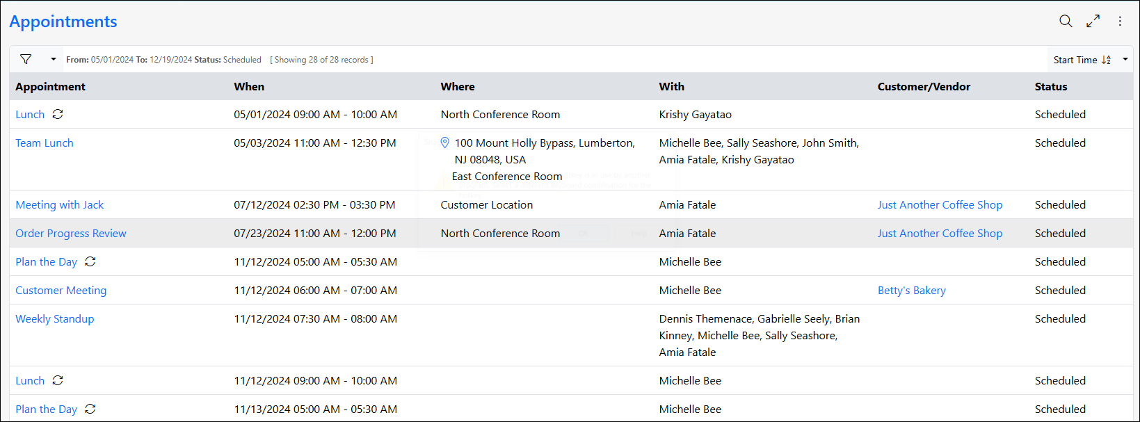 Image of the Appointments Activity page within Striven