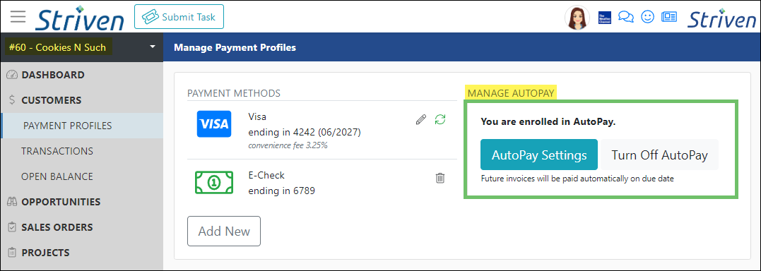 Payment Profiles page after AutoPay is enabled in Customer Portal