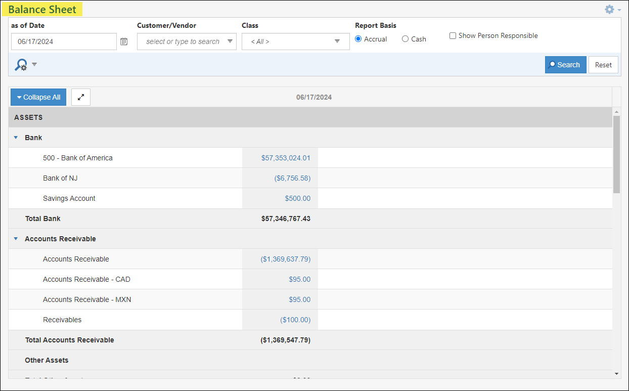 Balance Sheet in Striven