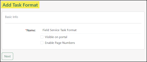 Basic Info section of the Add Task Format settings showing Task Name field, and options to make it visible on portal or enable page numbers
