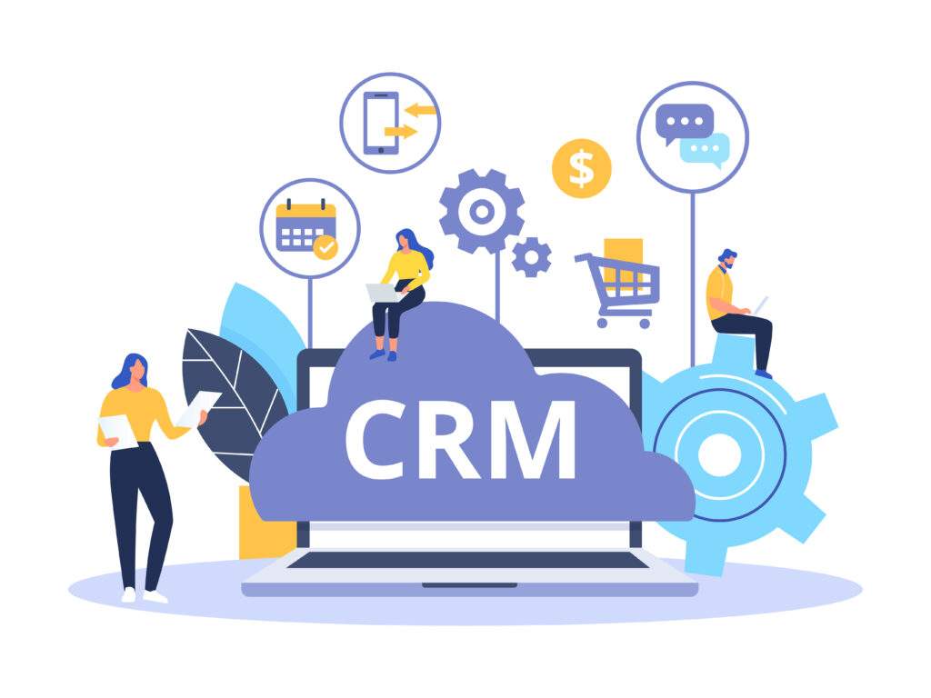 customer relationship management. people sitting on a CRM cloud