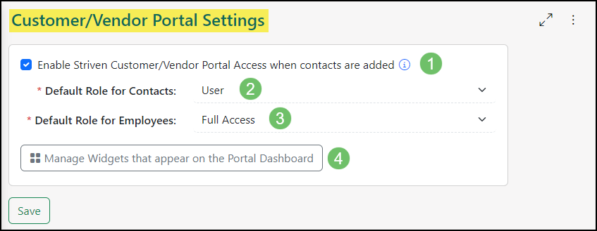 Image of the Customer Vendor Portal Settings within Striven