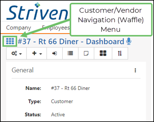 Example of the Customer/Vendor Navigation Waffle menu