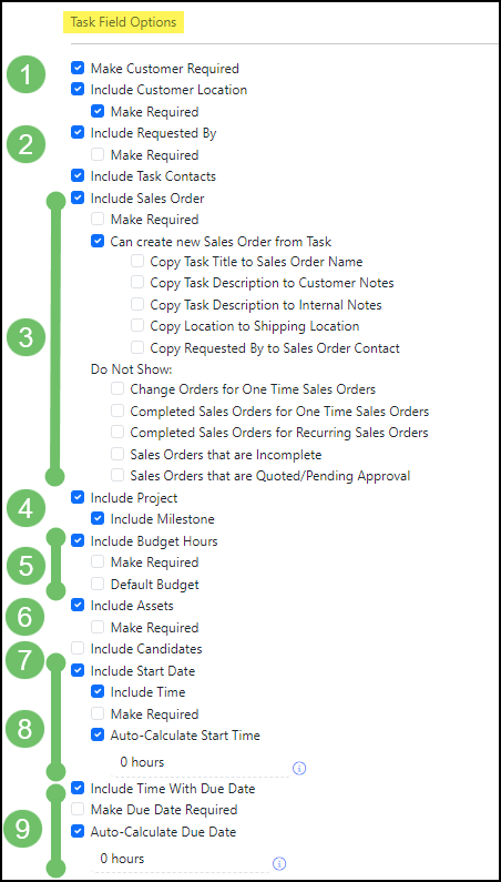 Image of the Task Field options when creating a Task Type