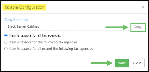 Image of copying Taxable Configurations from another item