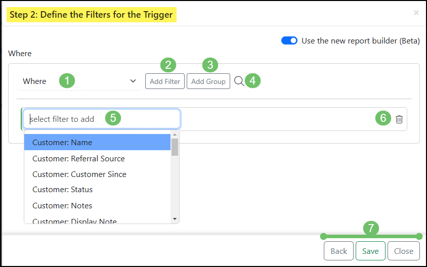 Example of choosing filters using the new Report Builder