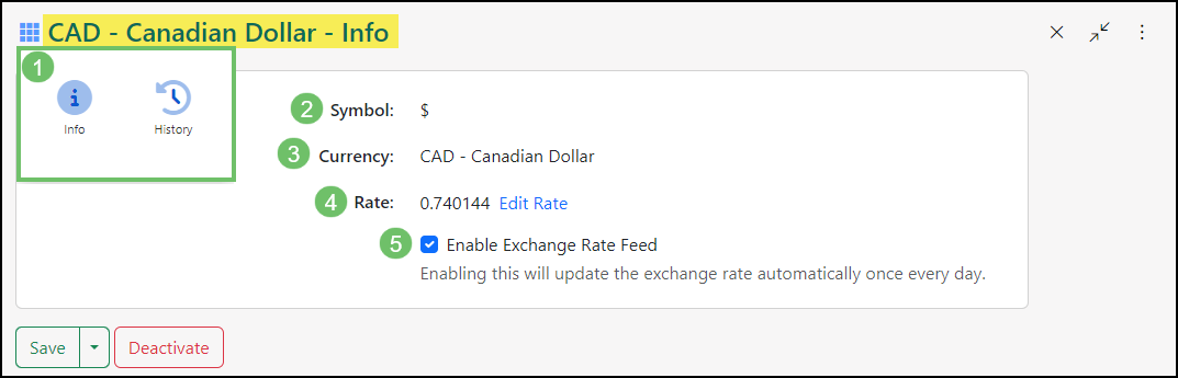 Image of the Currency Info page and it's available options