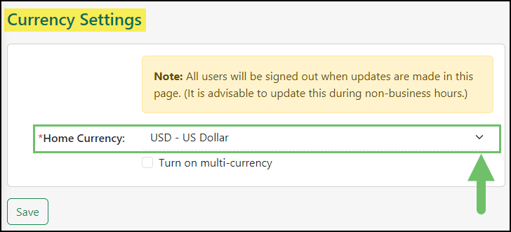 Image of the Currency Settings page when choosing a Home Currency