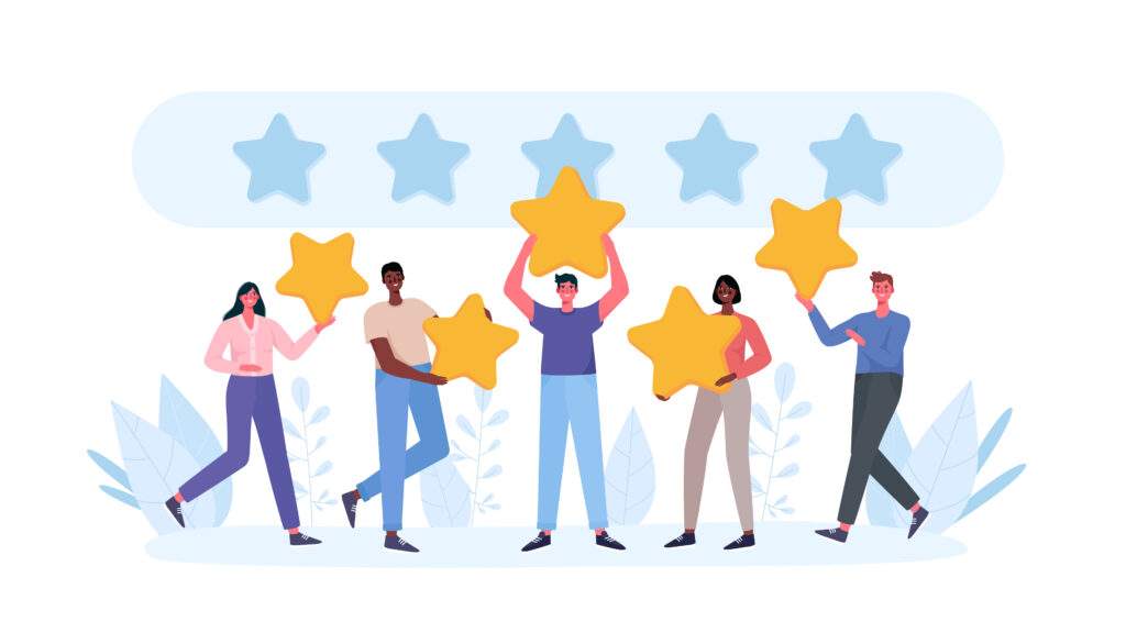 People's Review. Five cartoon people each raising a star simulating a 5-star review