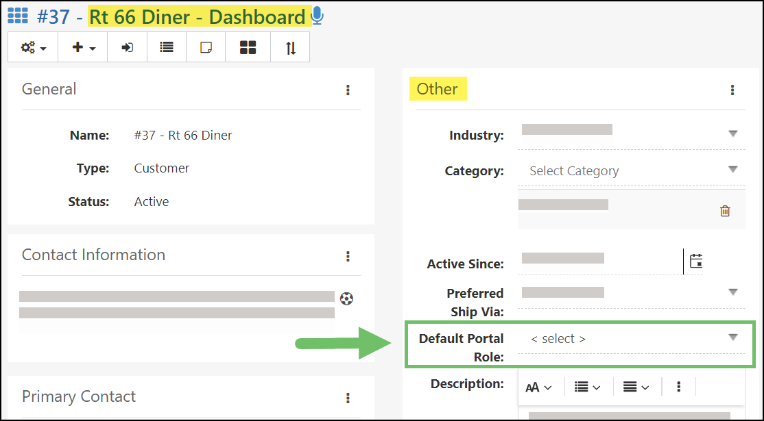 Image of the Default Portal Role option located within a Customer/Vendor Account Dashboard