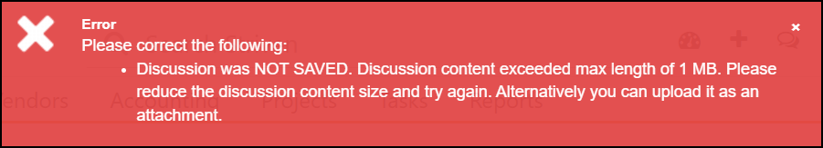 Image of the error that occurs when attempting to send a Discussion exceeding the 1 mb size limit