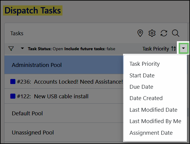 Image of the 2024 Dispatch Screen Sorting Options