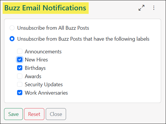 Notification Subscription options for Buzz Emails