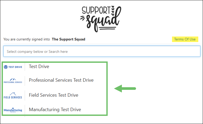 Open Test Drive page showing options for different editions of Striven Test Drives