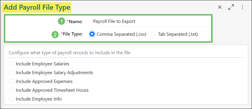 Add Payroll File Type settings page highlighting the File Type Name and File Type selection field