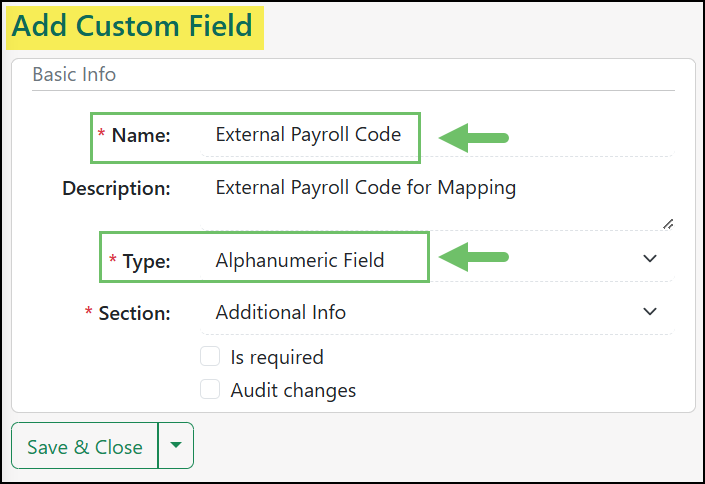 Add Custom Field page adding the External Payroll Code field as an Alphanumeric Field type