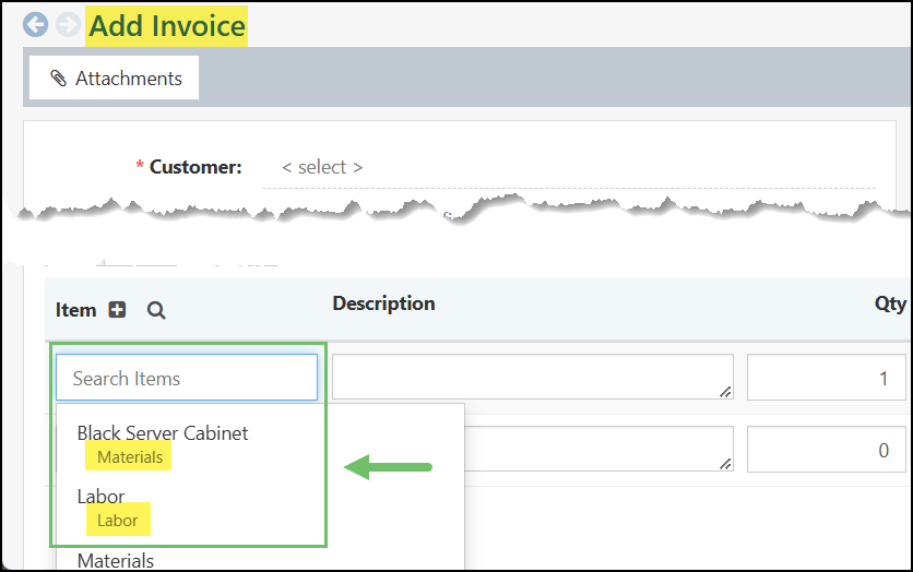 Add Invoice Page with items listed which show the category underneath each item