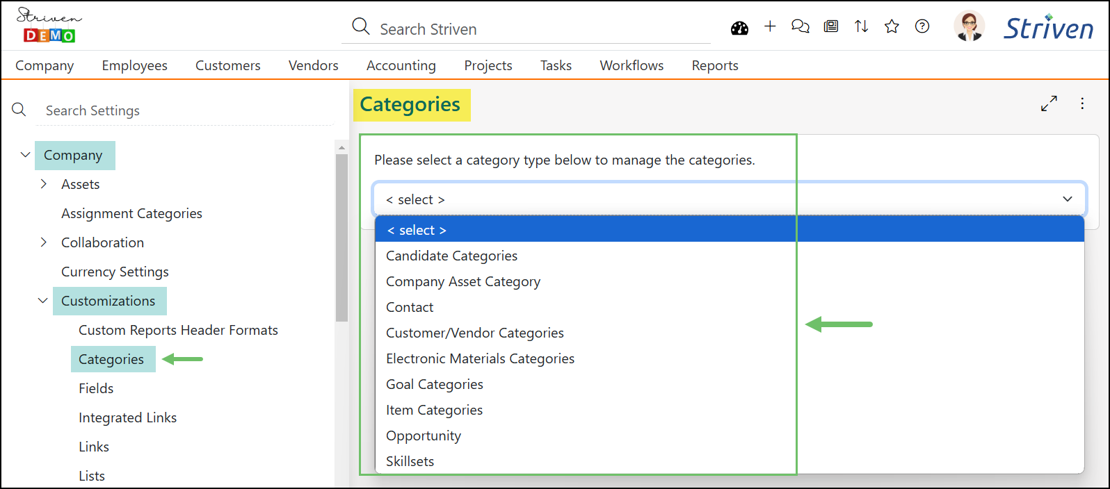 Categories List with the dropdown menu showing all options that are available for categories