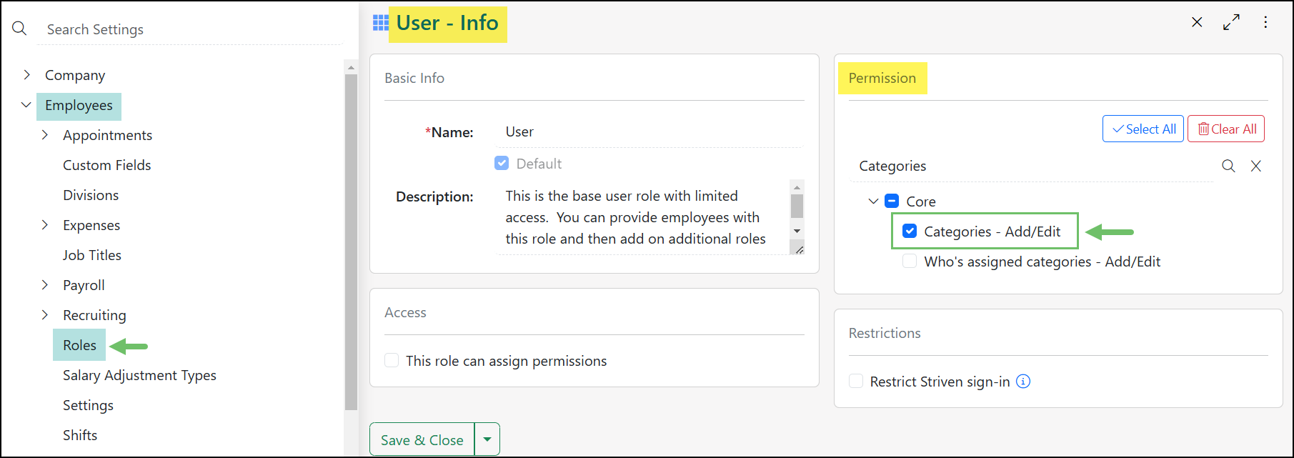 User Role with the Categories - Add/Edit Permission selected