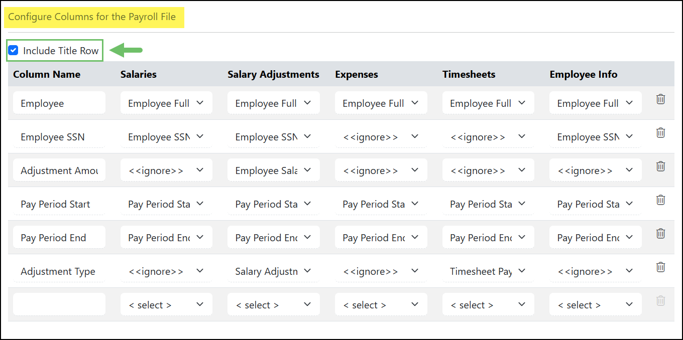 Configured Columns for a Payroll File highlighting the Include Title Row option