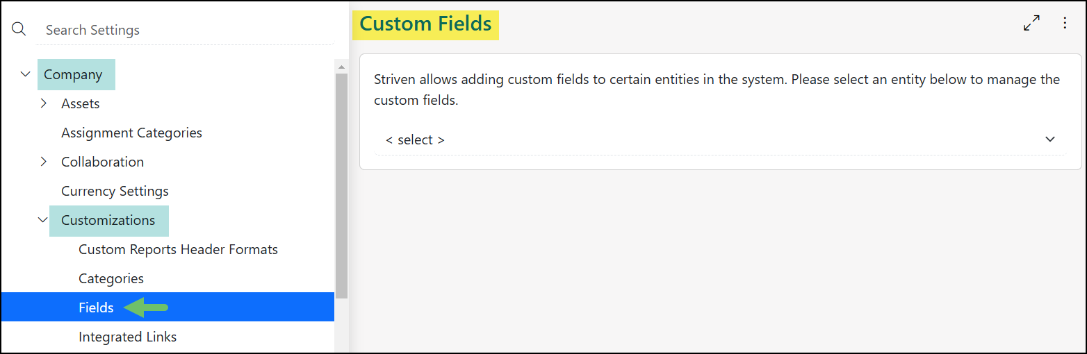 Global Custom Fields Settings page in Striven