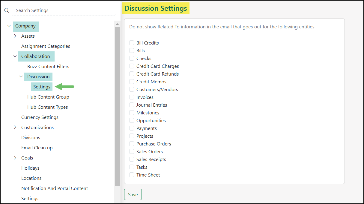 Settings page for Discussions which lists topics in Striven that you can choose to not have shown in the email notification for discussions