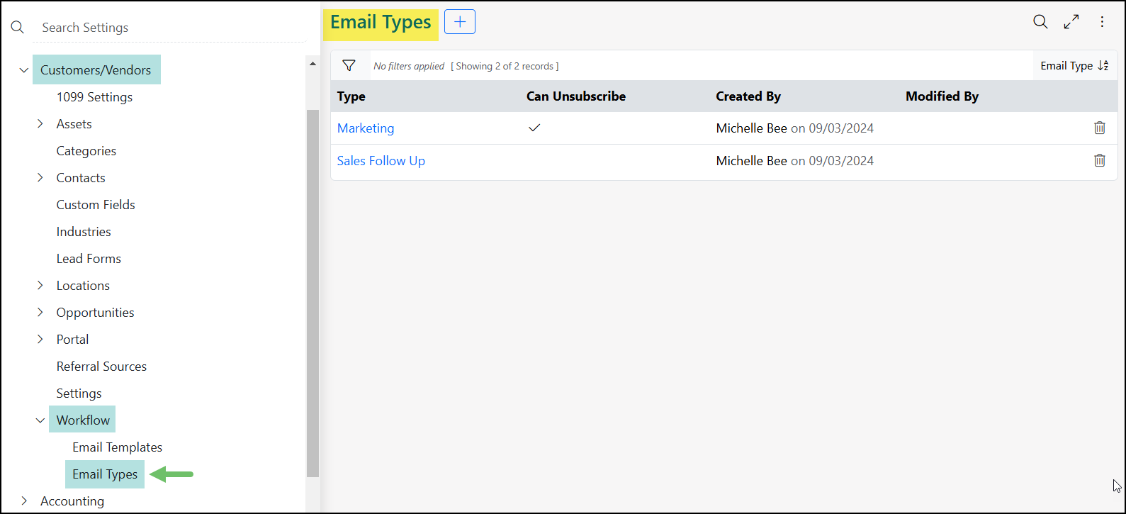 Settings page for Email Types with the location in the side menu highlighted