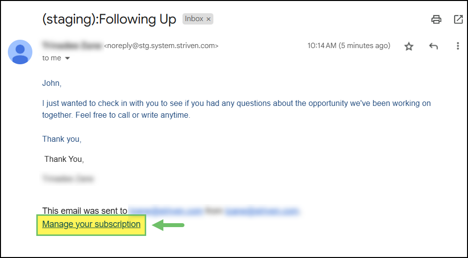 A follow up email with the Manage your subscription hyperlink highlighted