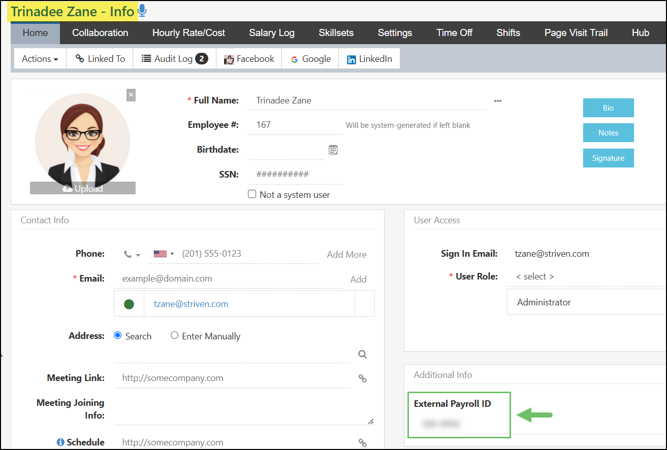 Employee Record highlighting the External Payroll ID Custom Field