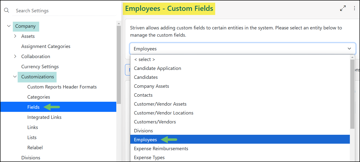 Global Custom Fields option for Employees Custom Fields Settings