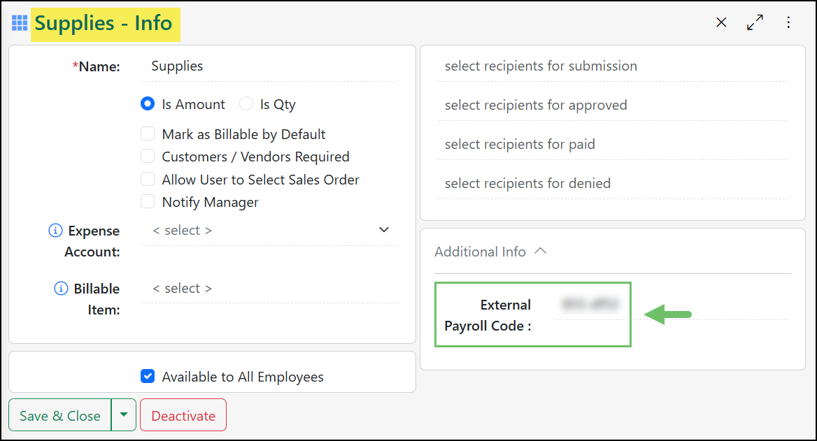 Example of an Expense Type Custom Field for Payroll