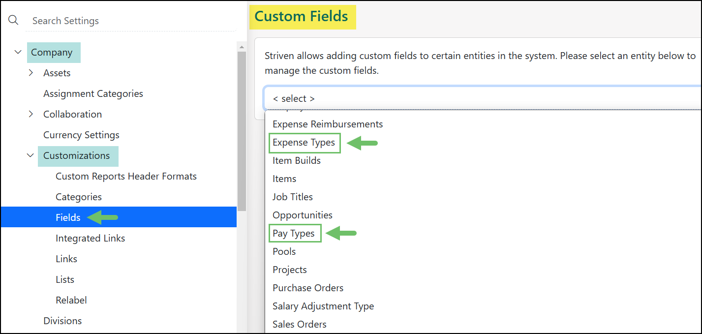 Global Custom Fields Settings page highlighting the Expense Types and Pay Types options