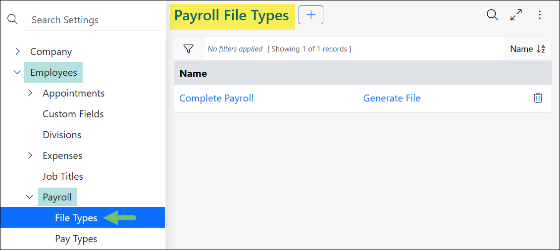 Payroll File Types settings page in Striven