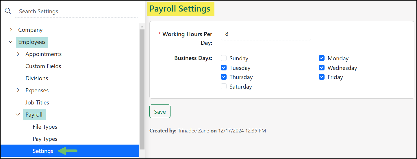 Example of the Payroll Settings Page in Striven