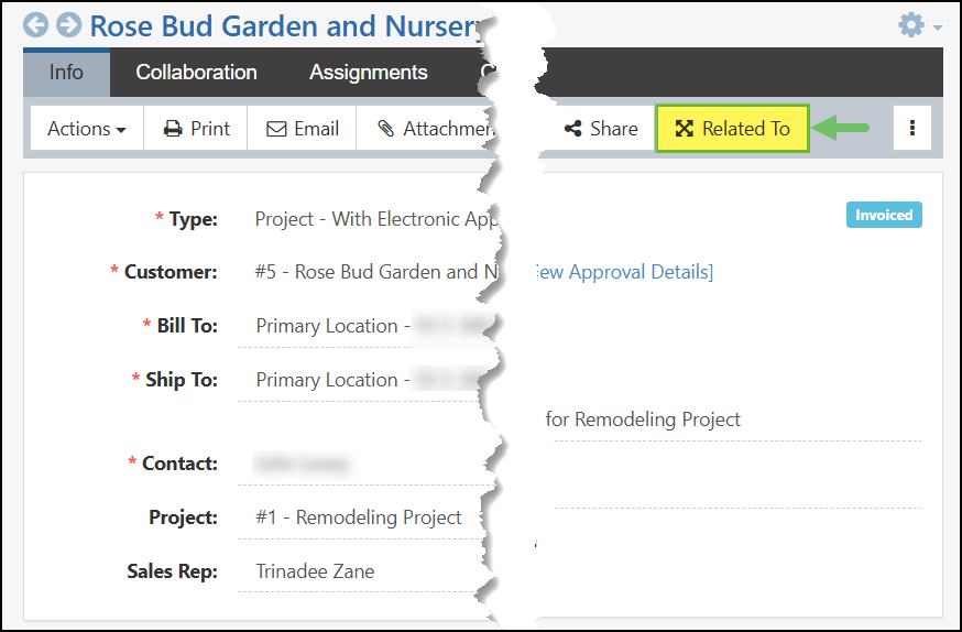 The Related To Tab highlighted on the top of a Sales Order