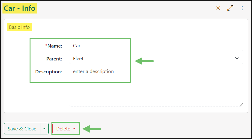 A Category named Car that shows the Parent set as Fleet with an option to Delete