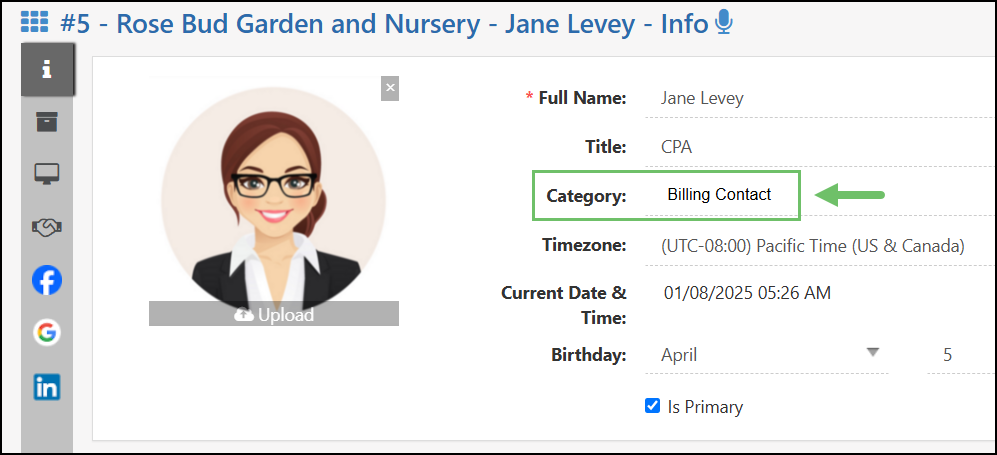 Contact under a Customer with the Category field highlighted and filled in with Billing Contact