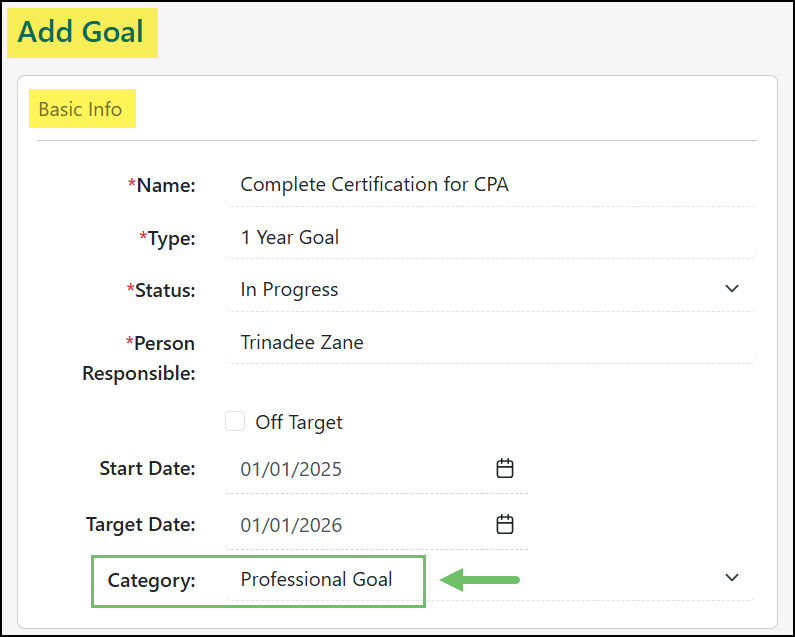 Goal page for Completing certification for CPA with the Category highlighted with Professional Goal listed in this field