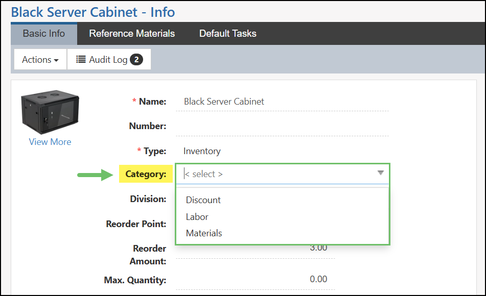 Item named Black Server Cabinet with the Category field highlighted