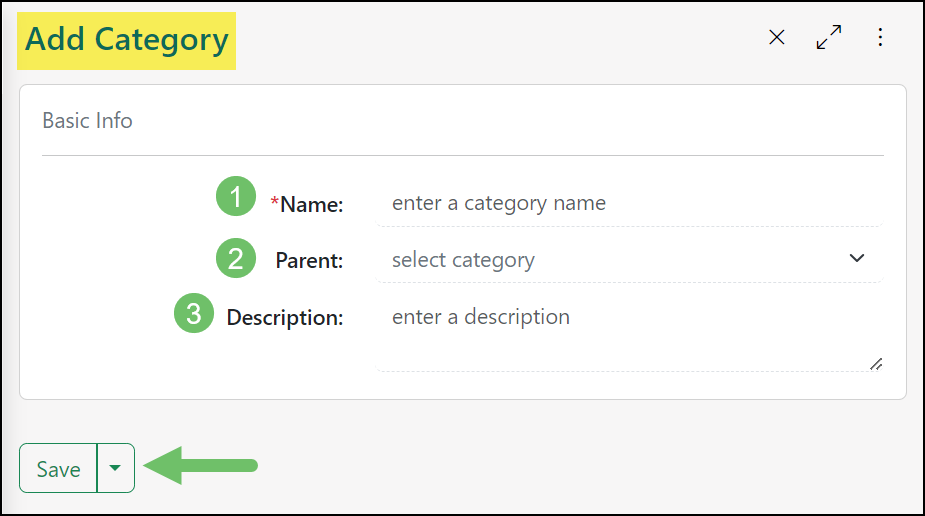 The Add Category page with fields to enter the Name, Parent Category, and the Description with an option to Save