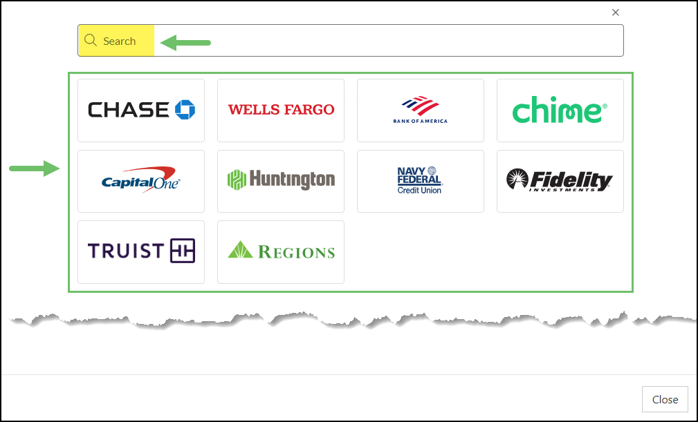 List of available banks that can be selected to connect with an additional search option at the top