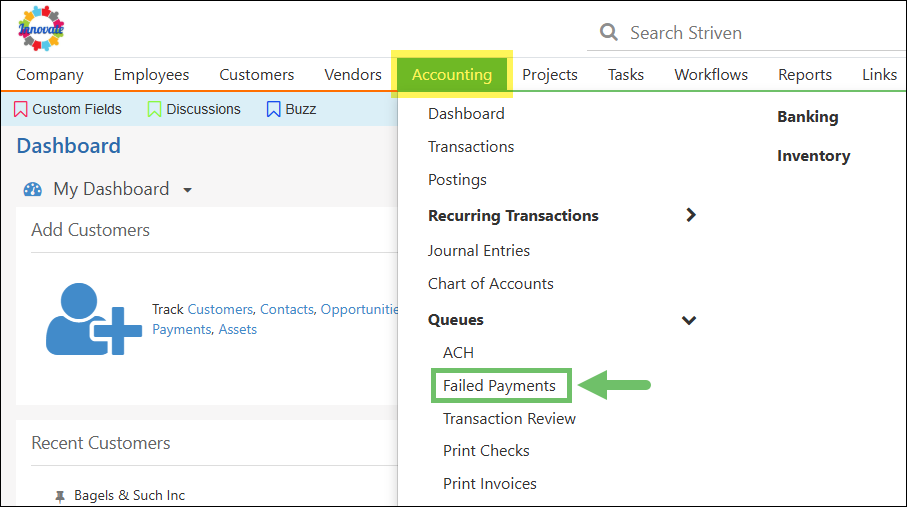 The Accounting Menu options highlighting the Failed Payments option