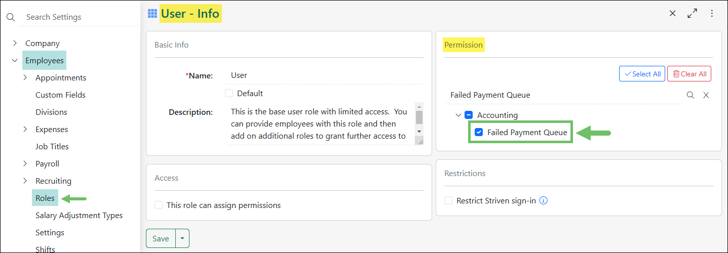 User Role showing the Failed Payment Queue permission in the Permissions section