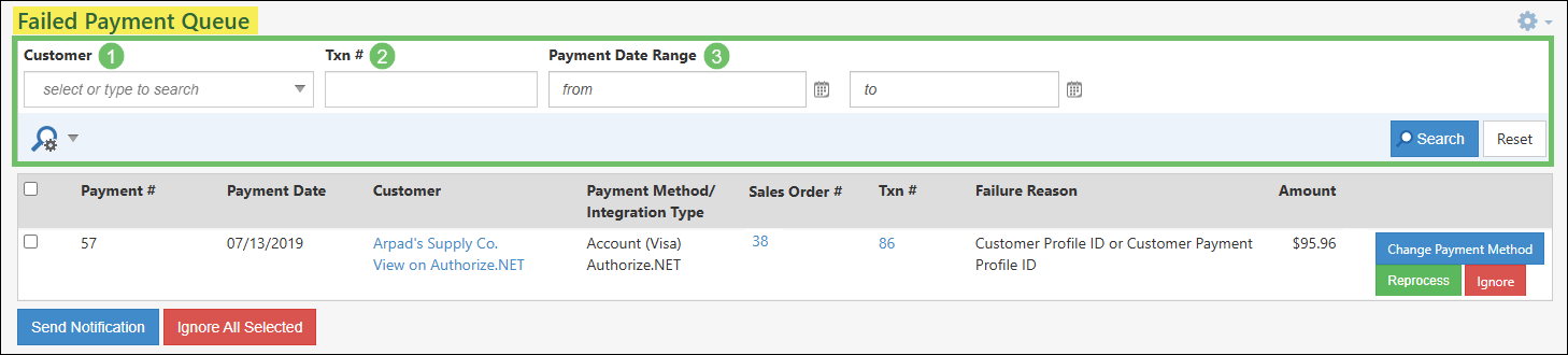 Search options on the Failed Payment Queue Page including Customer, Txn #, and Payment Date Range