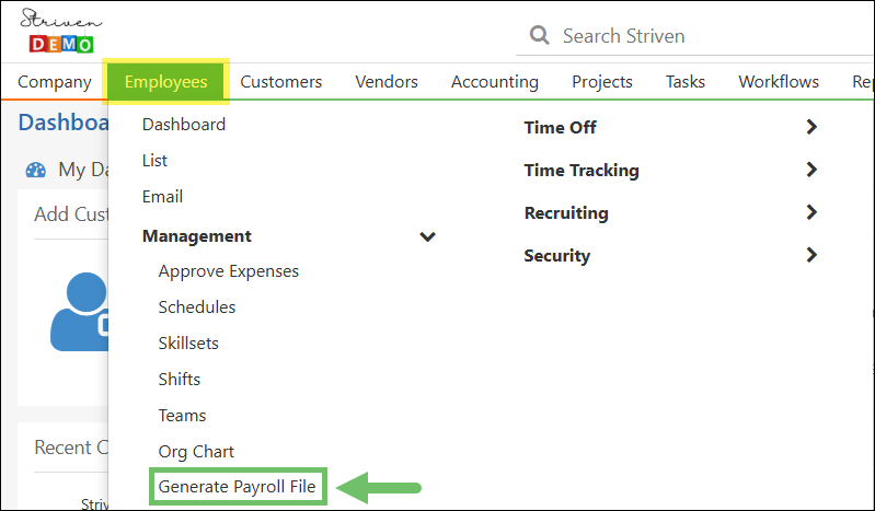 Employees Menu in Striven highlighting the Generate Payroll File option